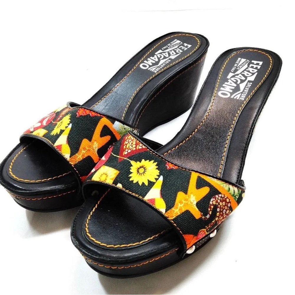 Salvatore Ferragamo Floral Pattern Wedge‎ Sandals BLK Sz 5.5